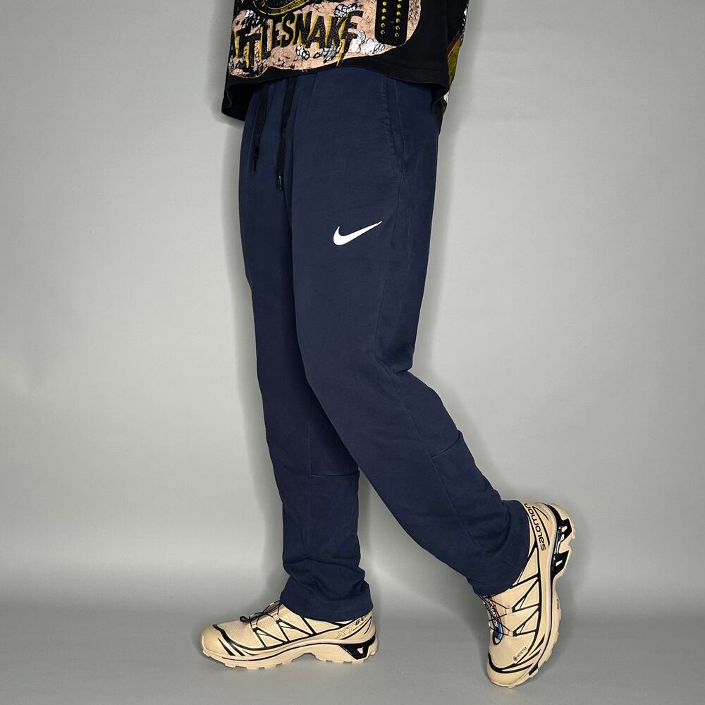 Vintage Y2K Nike Sweatpants Mens M Baggy Wide Leg Navy Blue Cotton White Swoosh